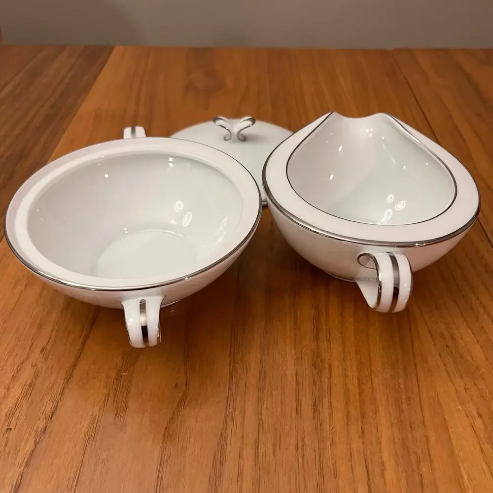 Noritake Cream Sugar Bowl With Lid White Silver China Serving
